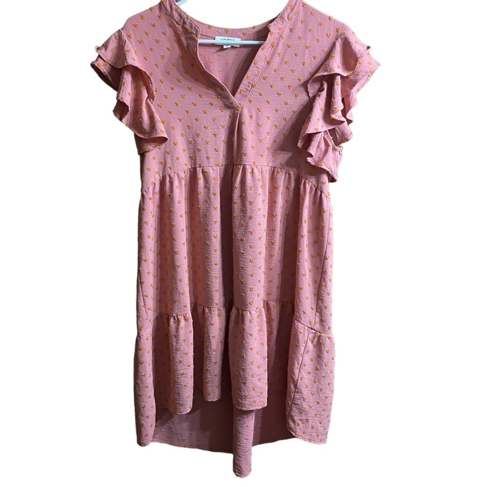 Umgee Pink Orange Swiss Dot Babydoll Hi Low Tiered Mini Dress Size Small